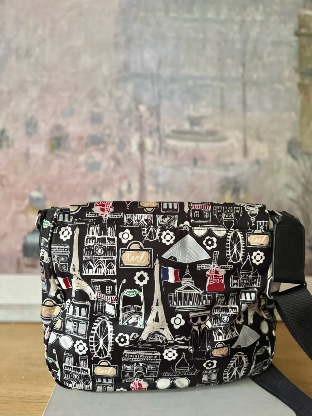RARE Karl Lagerfeld Black Paris Print Crossbody Bag
